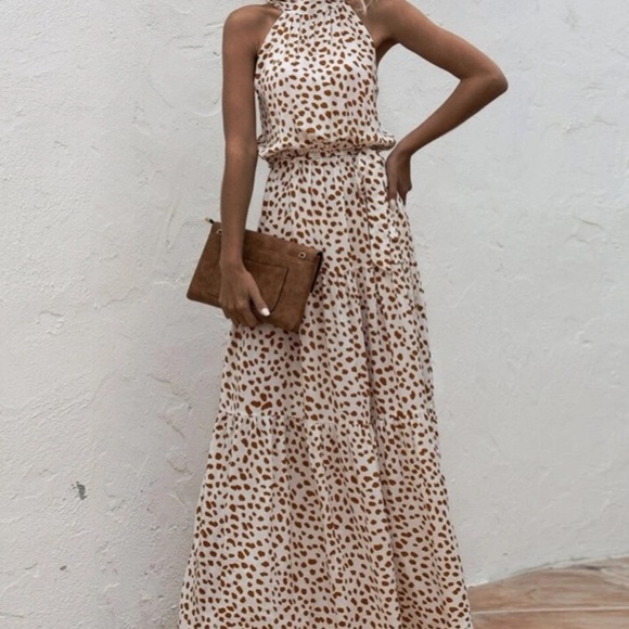 Boho cream brown dot belted halter maxi dress - Picture 4 of 8